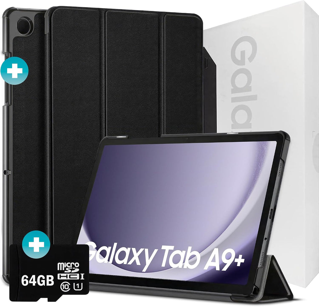 Samsung 2024 Galaxy Tab A9+ 11' 64GB | Android 13 WiFi Touchscreen International | Big Screen, Quad Speakers, Slim | Tablet Bundle - Hard Back Trifold Stand Case + 64GB SD Card (Grey) | MdTec