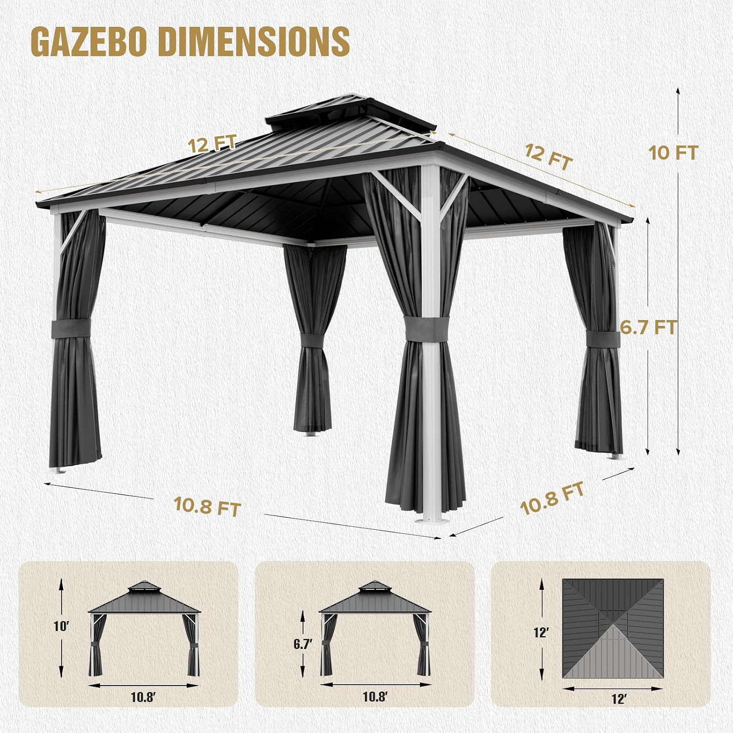 COOS BAY 12x12 Hardtop Gazebo with Aluminum Frame, Galvanized Steel Roof with UV Protection for Patio, Backyard, Garden, Outdoor Events, White/Gray