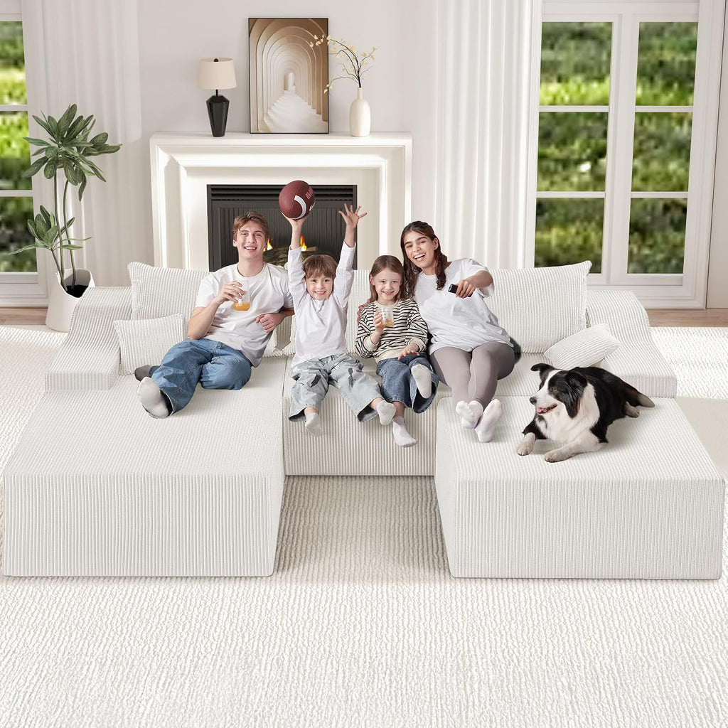 HABUTWAY 94' U Shaped Modular Sectional Couch for Living Room, Modular Cloud Sofa with Ottoman, No Assembly Boneless Couches with Deep Seat, Corduroy Fabric (Beige, Left Facing) | Cloud Sofa, With Ottoman, No Assembly, Boneless, Deep Seat, Corduroy Fabric