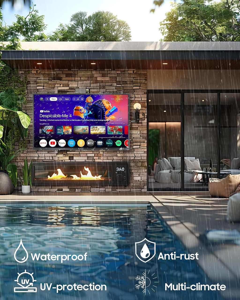 SYLVOX Outdoor TV, 43 inch 2000 Nit High Brightness Smart TVs, 4K Sunlight Readable Display, IP56 Waterproof, Smart TV for Outdoor Households or Commercial Places (Pool Pro 3.0)