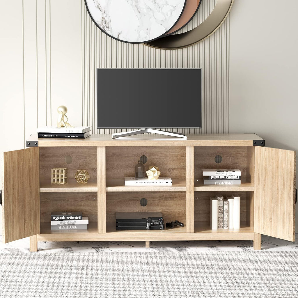 JUMMICO TV Stand, 65 Inch TV Farmhouse Entertainment Center with Double Barn Doors and Storage Cabinets, Console TV Table Media for Living Room, Bedroom (Pale Yellow)