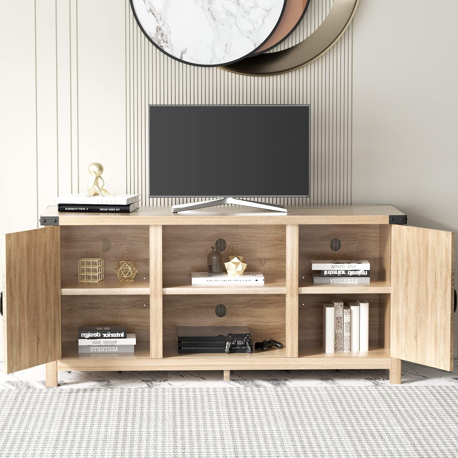 JUMMICO TV Stand, 65 Inch TV Farmhouse Entertainment Center with Double Barn Doors and Storage Cabinets, Console TV Table Media for Living Room, Bedroom (Pale Yellow)
