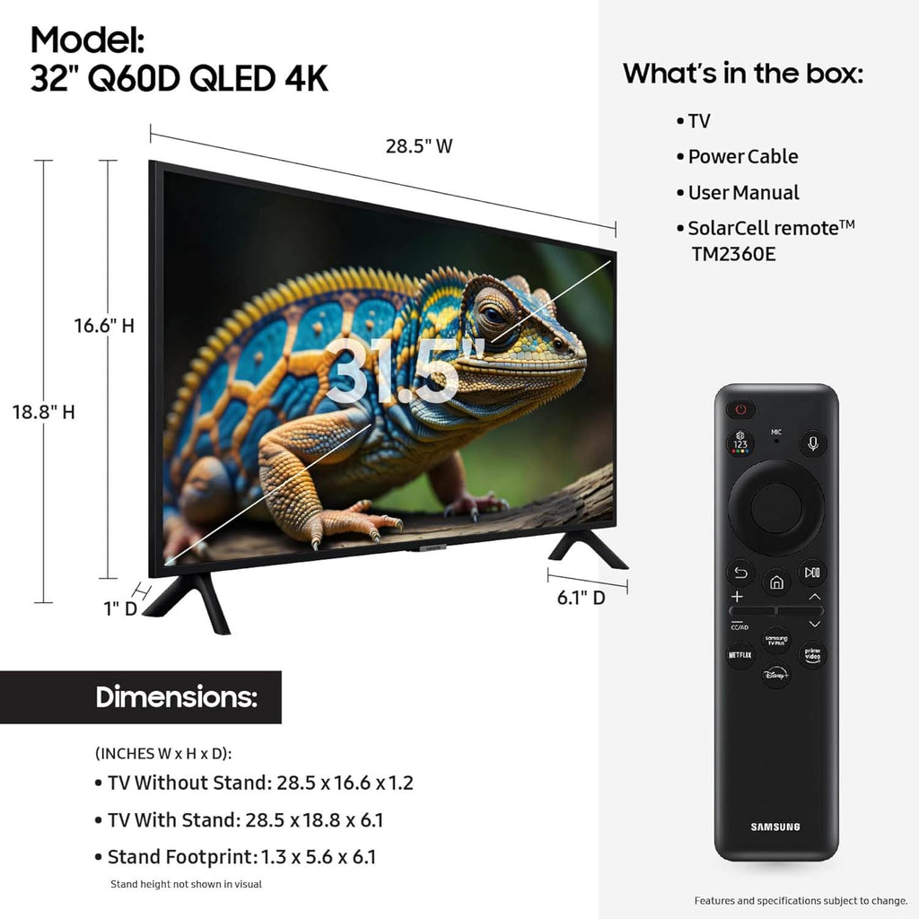 Samsung 32-Inch Class QLED 4K Q60D Series Quantum HDR Smart TV w/Object Tracking Sound Lite, Motion Xcelerator, Slim Design, Gaming Hub, Alexa Built-in (QN32Q60D, 2024 Model)