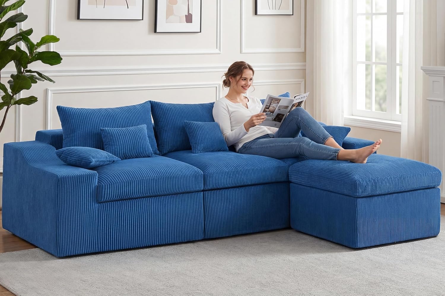 HABUTWAY 104' L Shaped Cloud Sectional Couch, Boneless Modular Sectional Sofa with Deep Seat, Corduroy Couches for Living Room, Modular Couch, No Assembly Required (Blue)
