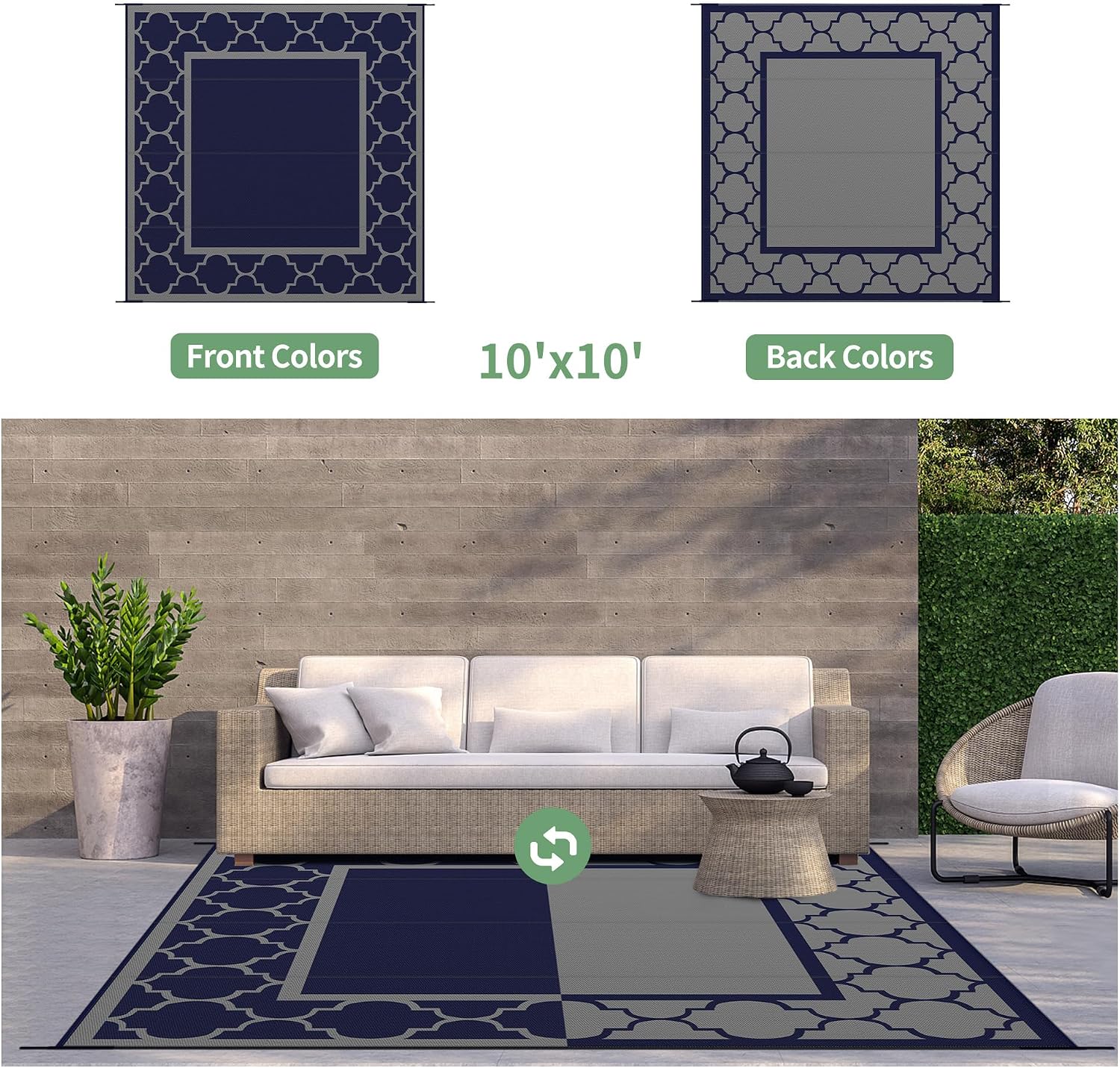 GENIMO 10 'x10 ' Outdoor Rug for Patio Clearance, Waterproof Indoor Outdoor Plastic Straw Rugs Carpet, Reversible Outside Area Rv Mat for Camping, Balcony Porch, Deck, Picnic, Beach (Blue & Grey)