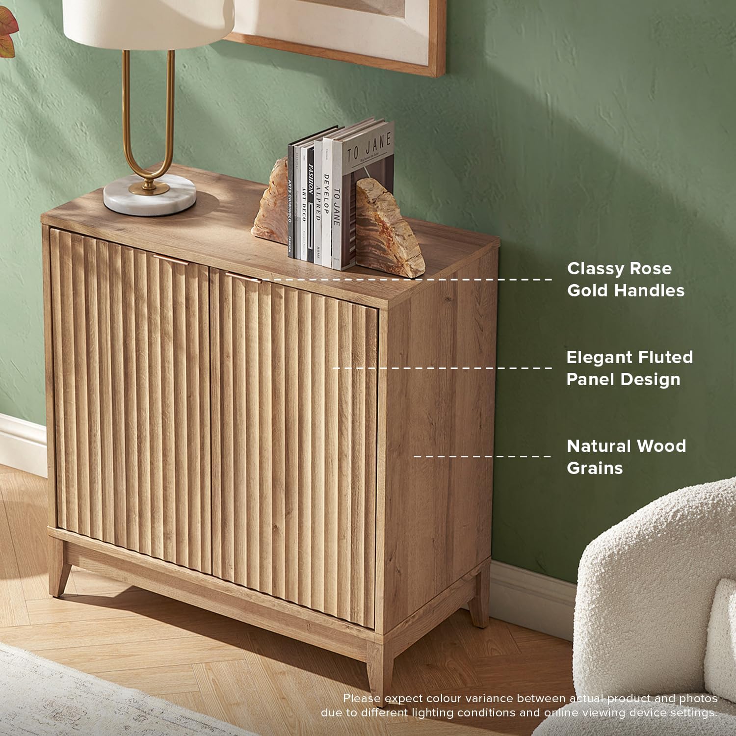 mopio Brooklyn Fluted Storage Cabinet, Modular Accent Buffet Sideboard with Adjustable Shelf, FSC Certified 50lb Load Modern Farmhouse Wood Credenza for Dining, Living Room, Entryway (Oak, Single)