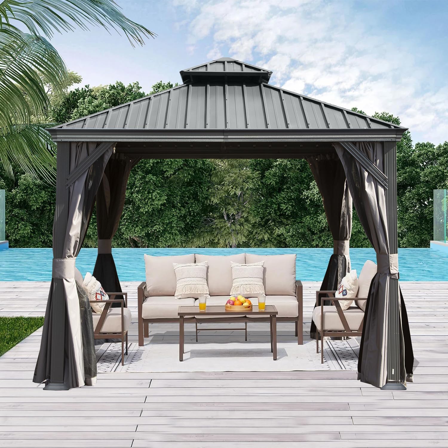 Domi 8x8FT Hardtop Gazebos, Aluminum Metal Gazebo with Galvanized Steel Double Roof Canopy, Curtain and Netting, Permanent Gazebo Pavilion for Patio, Backyard, Deck and Lawn, Grey
