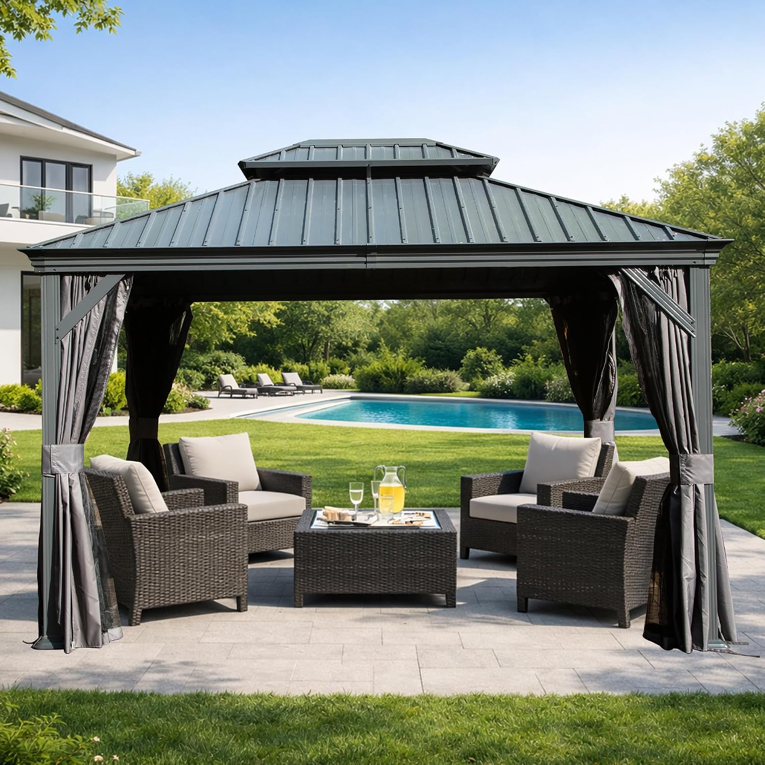 Domi 10' x 13' Outdoor Hardtop Gazebo, Upgraded Metal Gazebo with Galvanized Steel Double Roof, Heavy Duty Canopy Permanent Pavilion for Patio Lawn and Garden, Curtains and Netting Included, Grey