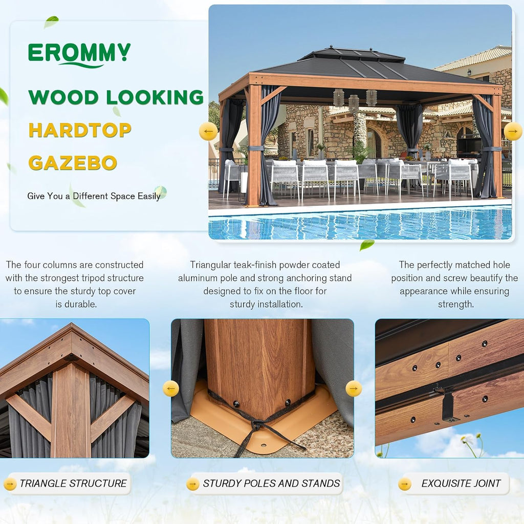 EROMMY 12' x 16' Hardtop Gazebo Outdoor Aluminum Wood Grain Gazebos with Galvanized Steel Roof and Mosquito Net for Patios, Deck, Backyard, Curtains&Netting