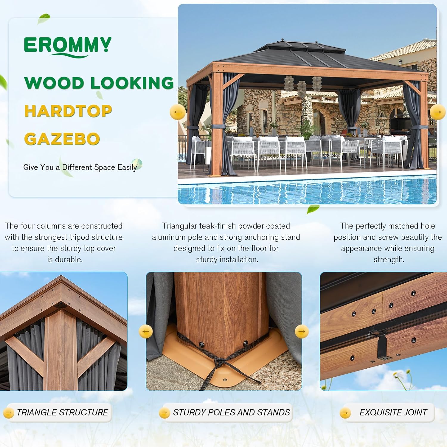EROMMY 12' x 16' Hardtop Gazebo Outdoor Aluminum Wood Grain Gazebos with Galvanized Steel Roof and Mosquito Net for Patios, Deck, Backyard, Curtains&Netting