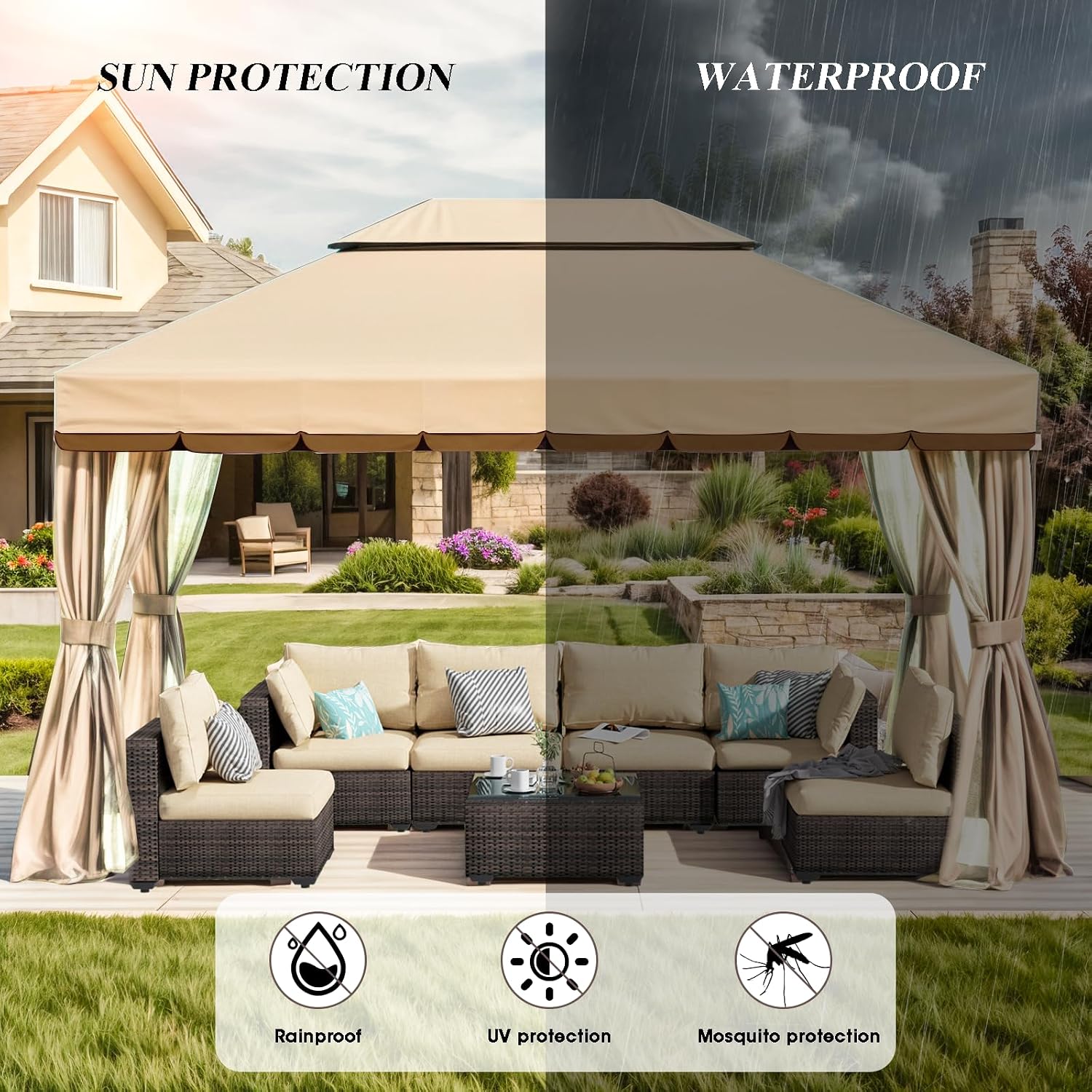 10x13 Gazebo for Patio, Outdoor Gazebo with Mosquito Netting & Curtains, Double Tier Roof Round Leg Marquee Canopy Shelter for Garden, Deck, Backyard, Lawn (Beige)