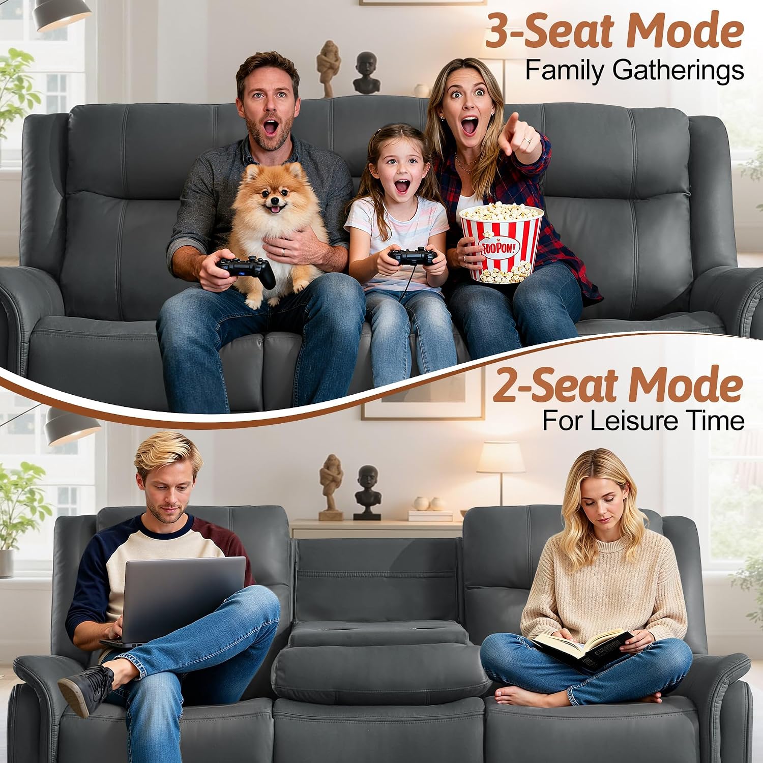 Korser Loveseat Recliner Sofa, Flip Middle Backrest Design 3 Seat Reclining Sofa with Storage Drawer, Performance Fabric Reclining Couch with Storage, USB Port, Manual Couch for Living Room, RVs