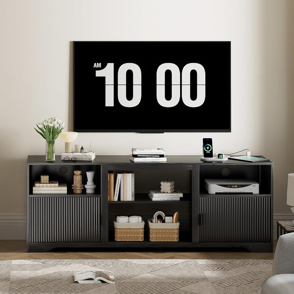 Fluted TV Stand for Tvs up to 80',Mid Century Modern TV Stand with Open Adjustable Shelf,Entertainment Center Wood TV Media Console with Cord Holes for Living Room Furniture Bedroom,Black