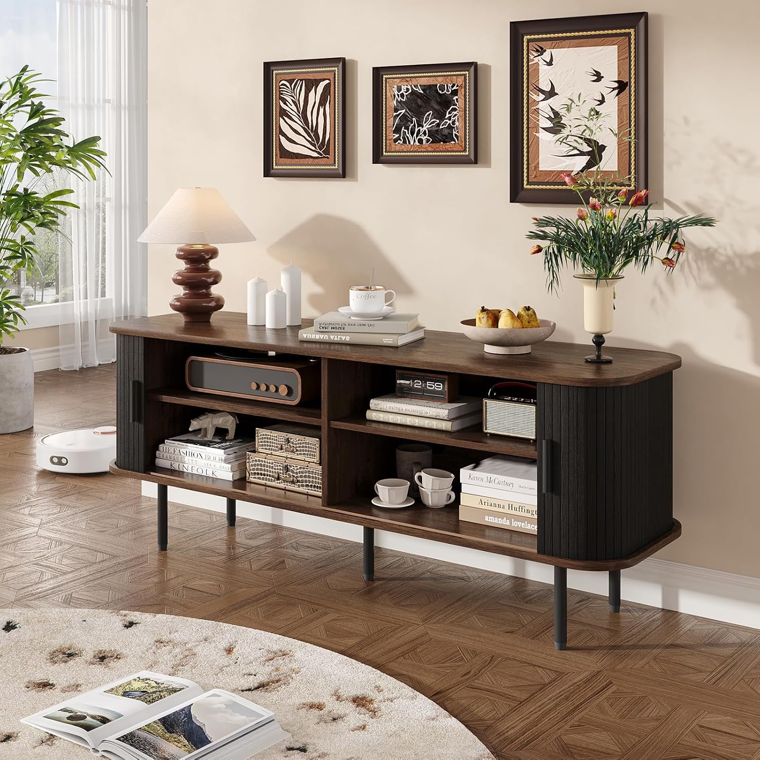 55' Modern Fluted TV Stand for TVs up to 65 Inch, Gaming Entertainment Center with Tambour Slatted Sliding Doors and Storage Cabinet, Media TV Consoles Table for Living Room, Office, Black