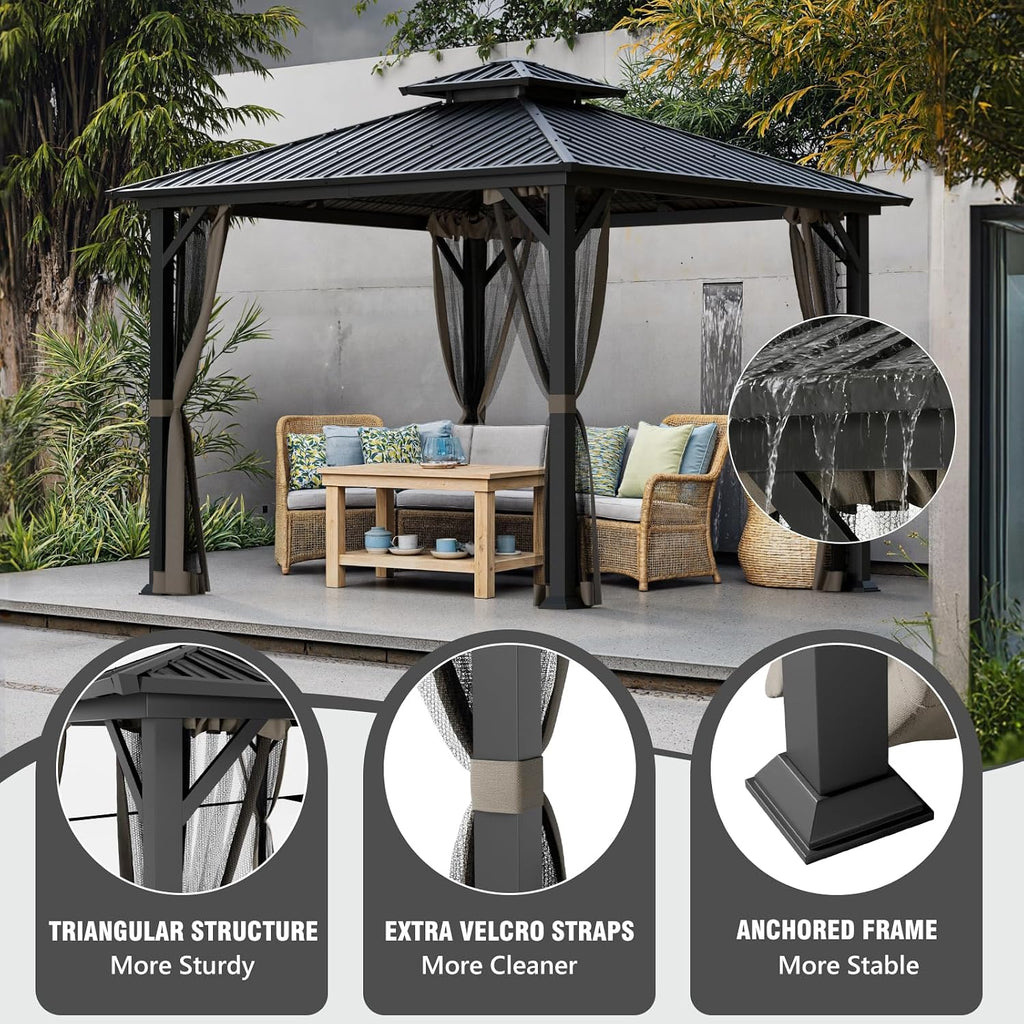 10x10 Hardtop Gazebo, Heavy Duty Outdoor Gazebo with Powder-Coated Iron Frame,Double Galvanized Steel Roof, Permanent Metal Pavilion with Mosquito Netting for Backyard, Patio & Garden
