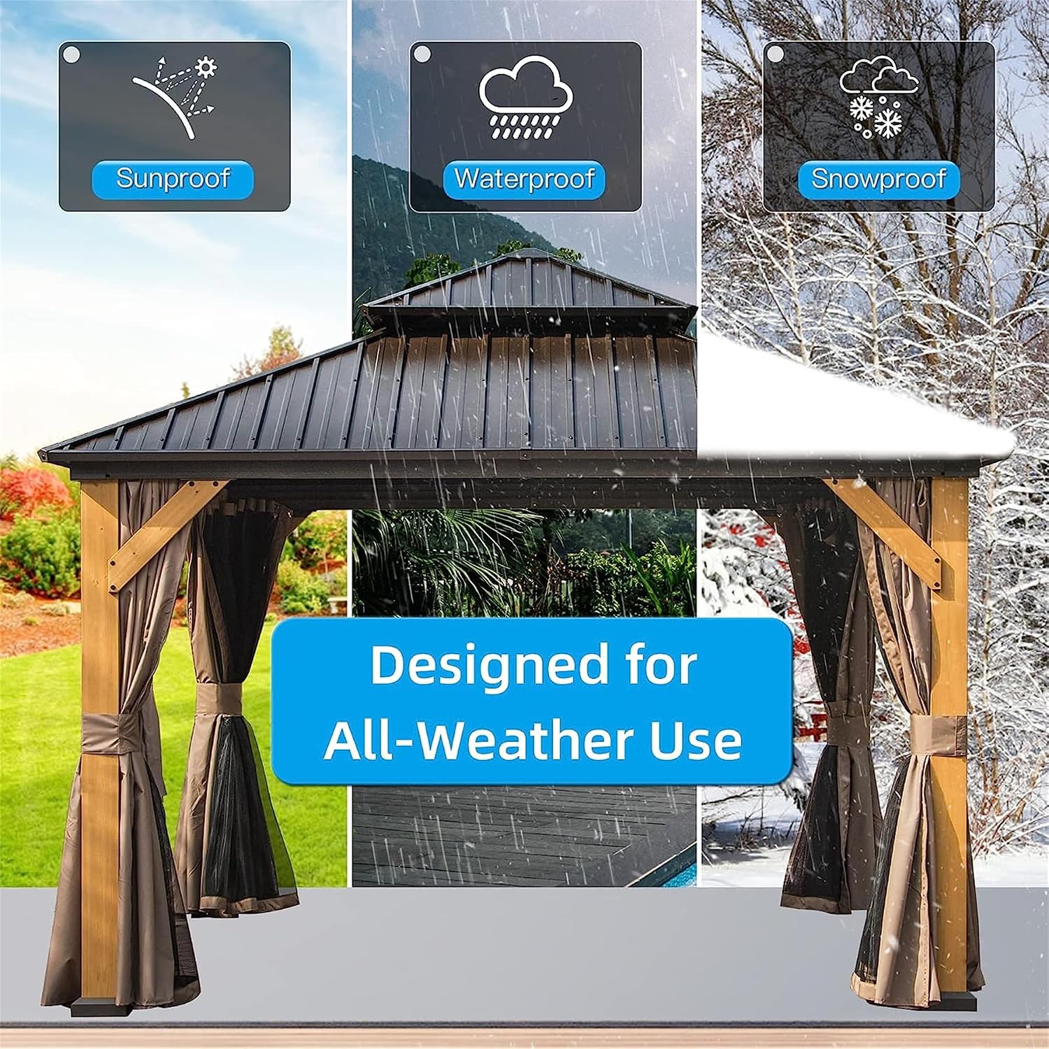 12 x 12FT Cedar Wood Frame Hardtop Gazebo with Galvanized Steel Double Roof, Curtains and Netting, Outdoor Wooden Gazebo Pergola for Patio Lawn Backyard