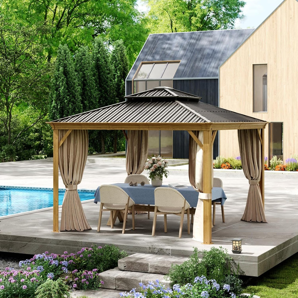 12x12ft Hardtop Gazebo, Wooden Finish Coated Aluminum Frame Canopy with Galvanized Steel Double Roof, Outdoor Permanent Metal Pavilion with Curtains & Netting for Garden, Brown (Wooden 12x12 Ft)