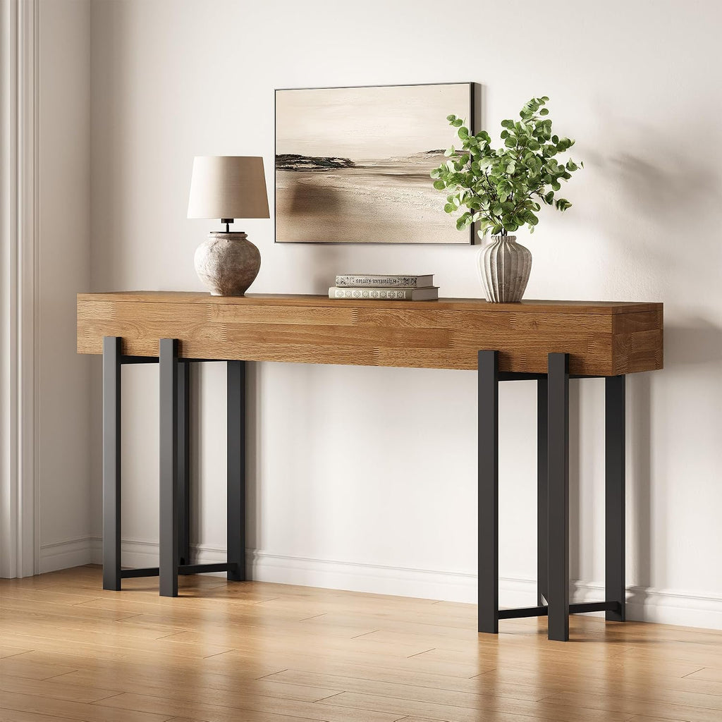 LITTLE TREE 63-Inch Console Table for Entryway, Farmhouse Behind Couch Table, Minimalist Sofa Table for Living Room, Long Wooden Hallway Foyer Table with Black Metal Frame, Oak