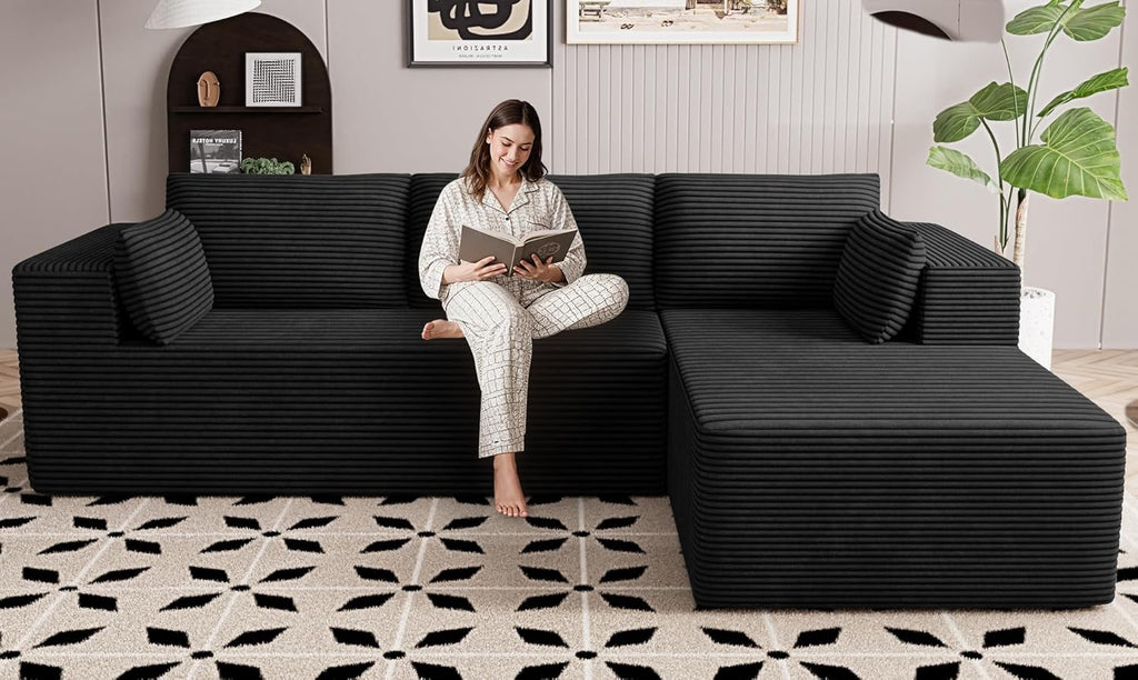 106' Cloud Sectional Boneless Couches for Living Room, Modular L Shaped Couch with Deep Seat Oversized Right Facing Chaise, Memory Foam Compressed Spineless 3 Seater Sofa for Apartment, Black