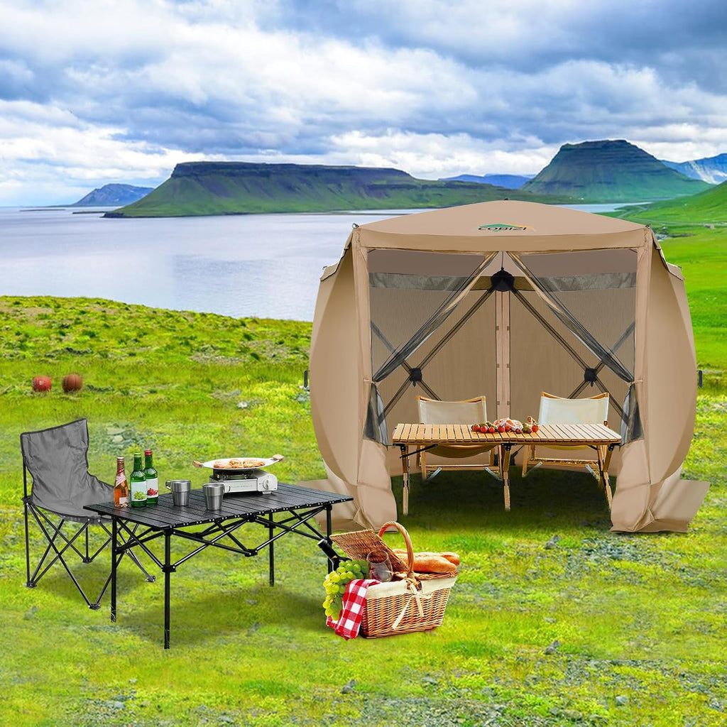 COBIZI 10x10 Pop up Gazebo Screen House Tent for Camping, Pop-up Camping Canopy with Sidewalls, Portable Outdoor Quick-Set Hub Tent with Carrying Bag&Ground Stakes, Khaki(Upgraded 2.0)