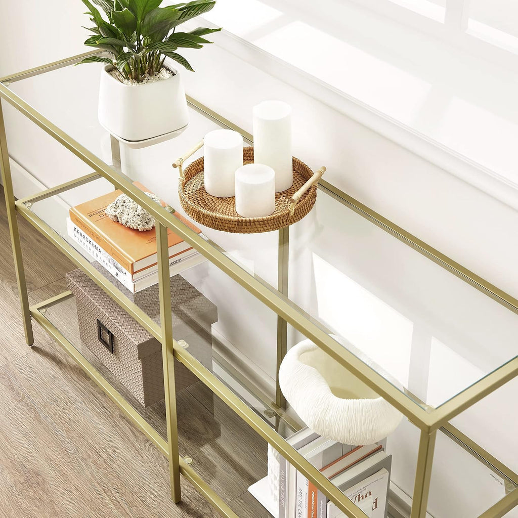 VASAGLE 51.2 Inch Console Table with 3 Shelves, Sofa Tables, Modern Entryway Table, Metal Frame, Tempered Glass Shelf, Entryway Living Room Bedroom, Metallic Gold and Transparent ULGT024A01