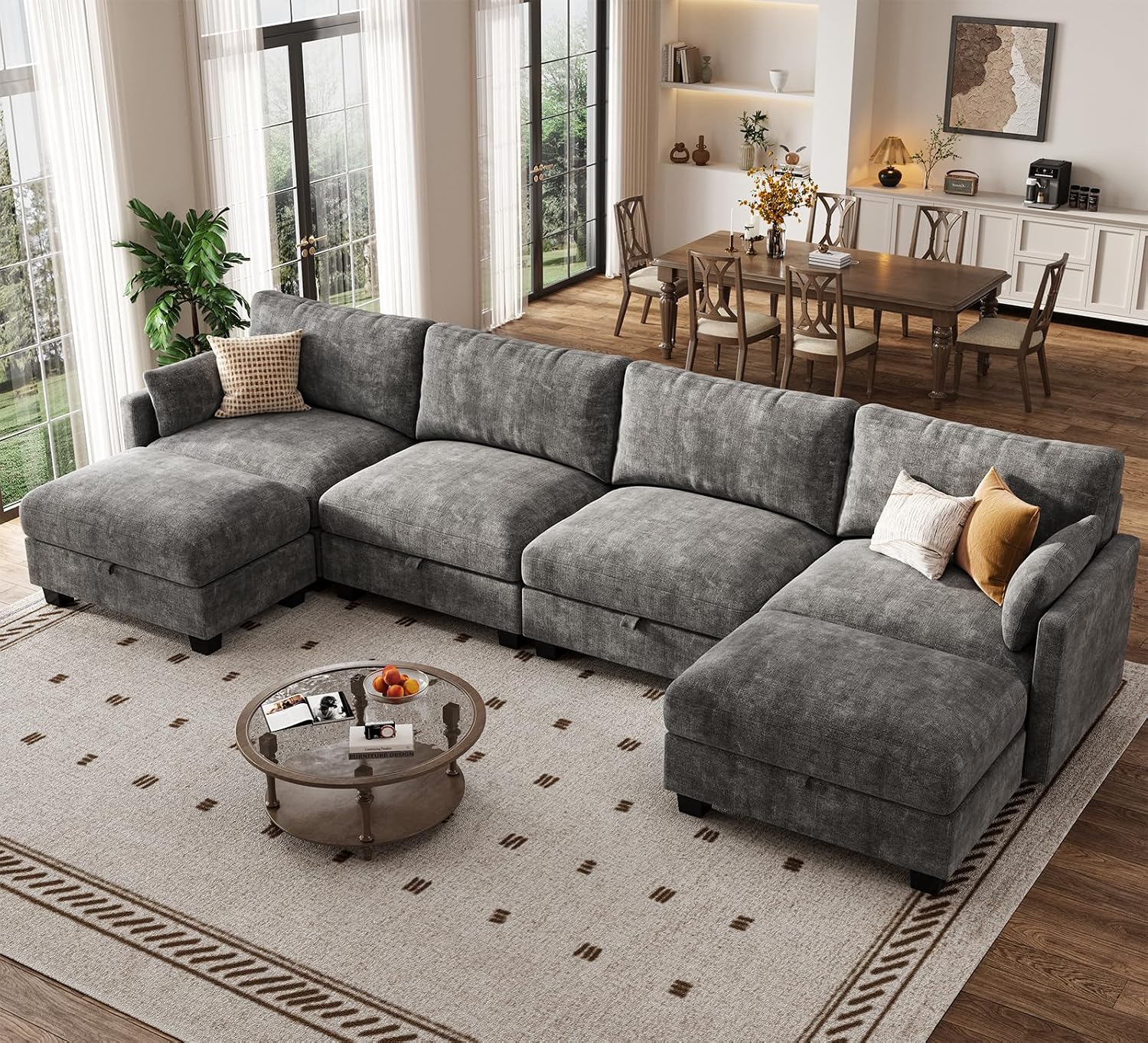 Modular Sectional U Shaped Sofa Couches for Living Room, Cloud Couch with Storage Ottoman, Comfy Chenille Sofa with Pillow, Dark Gray | Comfort, Ease of assembly, Softness, Good Quality, Storage Capacity, Sturdiness