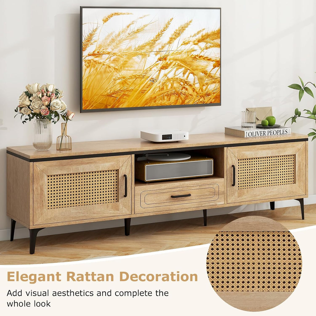 Tangkula Boho TV Stand for 65 Inch TVs, Mid Century Modern Media Entertainment Center with Drawer, 2 Cabinets with Rattan Doors, Metal Legs, Cable Hole, TV Console Table for Living Room (Oak)