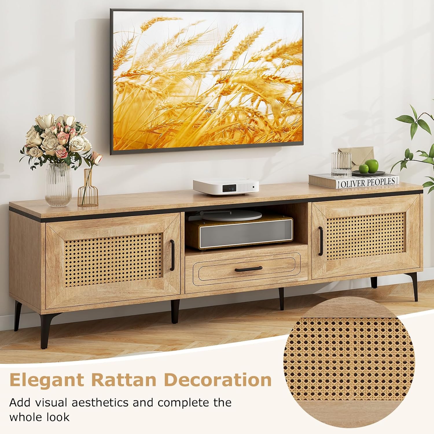Tangkula Boho TV Stand for 65 Inch TVs, Mid Century Modern Media Entertainment Center with Drawer, 2 Cabinets with Rattan Doors, Metal Legs, Cable Hole, TV Console Table for Living Room (Oak)