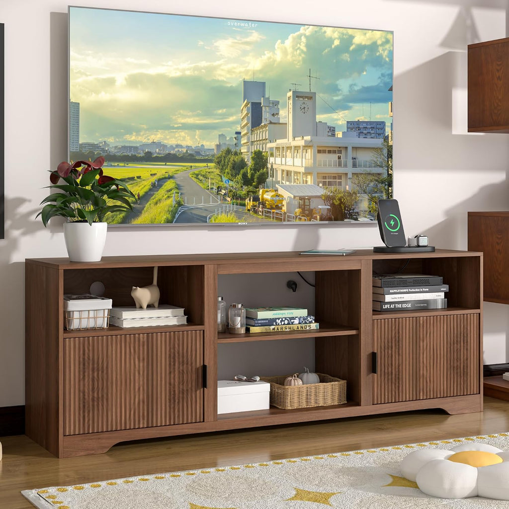 Fluted TV Stand for Tvs up to 80',Mid Century Modern TV Stand with Open Adjustable Shelf,Entertainment Center Wood TV Media Console with Cord Holes for Living Room Furniture Bedroom,Walnut