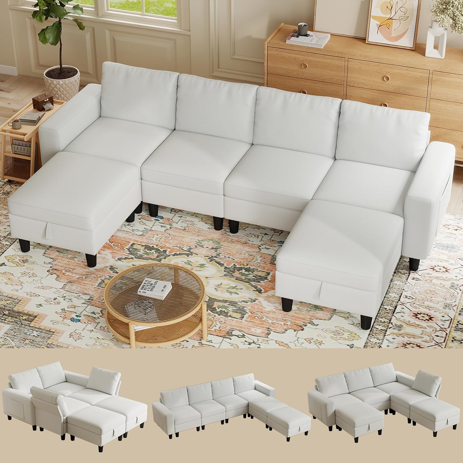 Modular Sectional Couches for Living Room, 110' U Shaped Sectional Sofa with Adjustable Backrest, 6 Seat Linen Cloud Couch Sectionals with Storage Ottoman for Apartment (White)