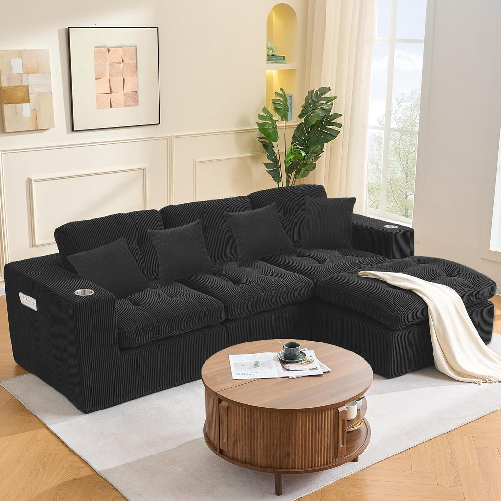 108' Modular Sectional Sofa, Cloud Sectional Couch with Deep Seat, Modern Modular L-Shape Sofa Couch with Chaise,Upholstered Couches for Living Room Bedroom (Matte Black)