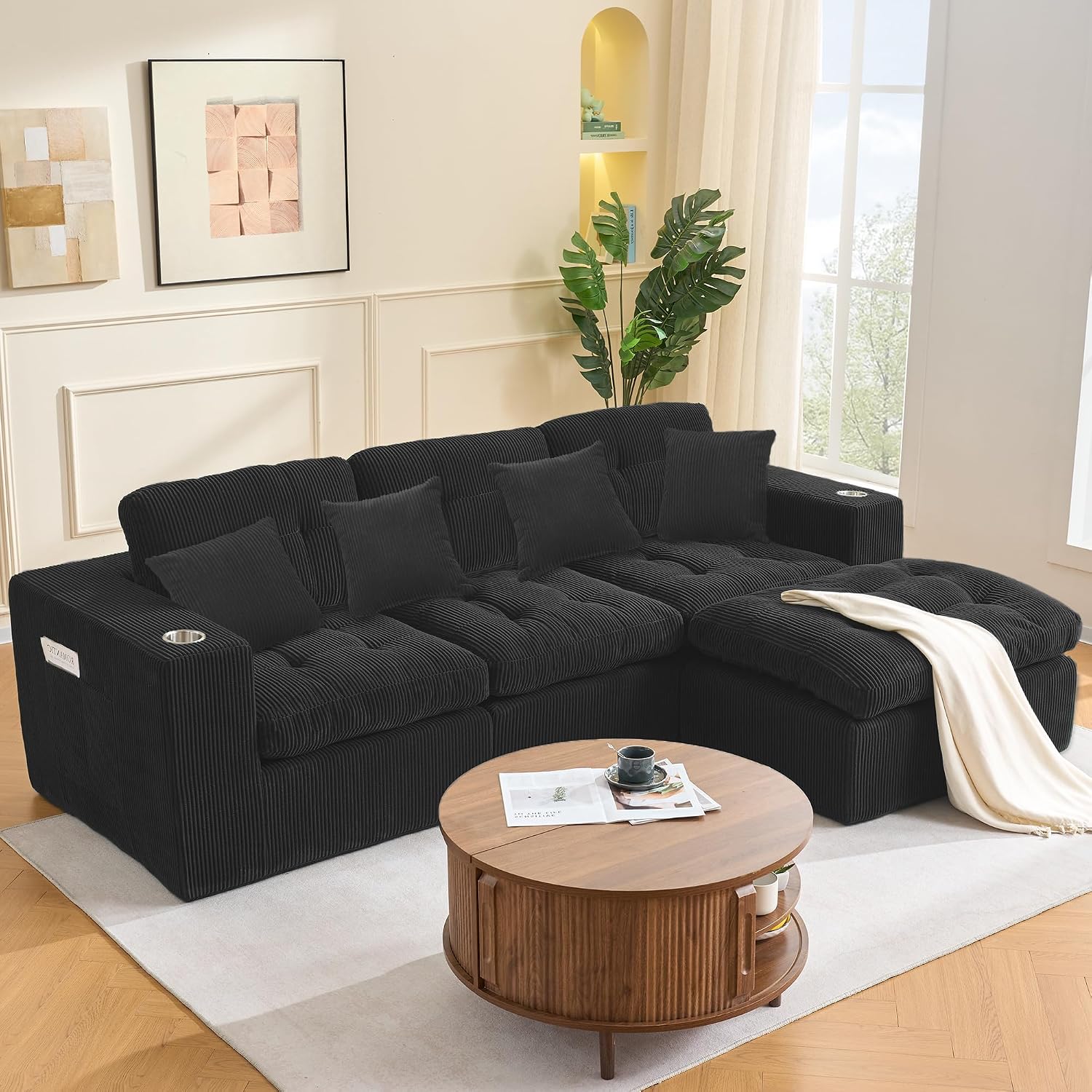 108' Modular Sectional Sofa, Cloud Sectional Couch with Deep Seat, Modern Modular L-Shape Sofa Couch with Chaise,Upholstered Couches for Living Room Bedroom (Matte Black)