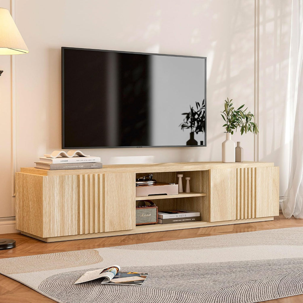 BELLEZE 70' Fluted Media Entertainment Center Console for TVs up to 75', TV Stand Table w/Oversize Drawers and 2-Tier Open Shelves, Wood Storage Cabinet for Living Room-Mint(White Lotus)