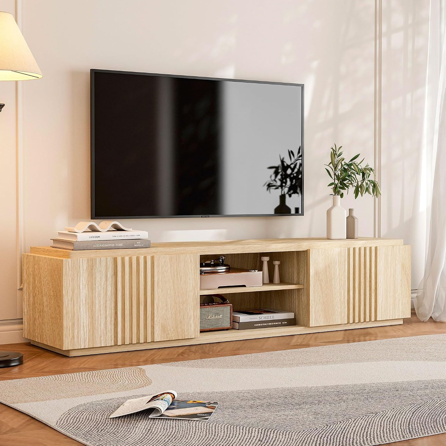 BELLEZE 70' Fluted Media Entertainment Center Console for TVs up to 75', TV Stand Table w/Oversize Drawers and 2-Tier Open Shelves, Wood Storage Cabinet for Living Room-Mint(White Lotus)