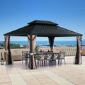 LeDoasis Blazar 12' X 16' Hardtop Gazebo with Nettings and Curtains, Outdoor Gazebo for Patio Lawn and Garden, Vertical Stripes Galvanized Steel Double Roof Canopy