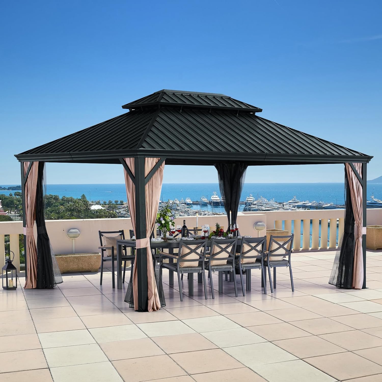 LeDoasis Blazar 12' X 16' Hardtop Gazebo with Nettings and Curtains, Outdoor Gazebo for Patio Lawn and Garden, Vertical Stripes Galvanized Steel Double Roof Canopy