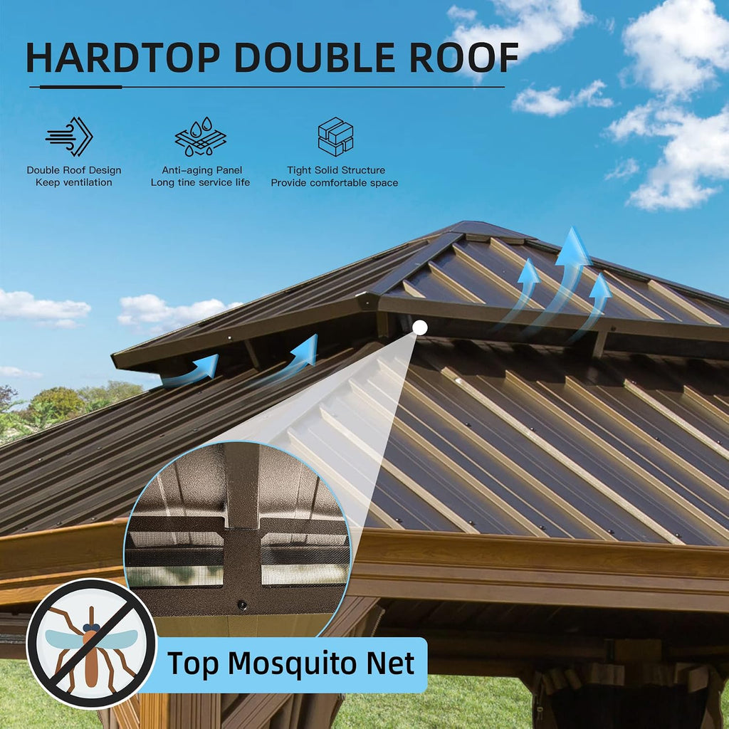 Domi Outdoor Living 12'x12' Hardtop Gazebo, Wooden Coated Aluminum Frame Canopy with Galvanized Steel Double Roof, Outdoor Permanent Metal Pavilion with Curtains and Netting for Patio, Deck and Lawn
