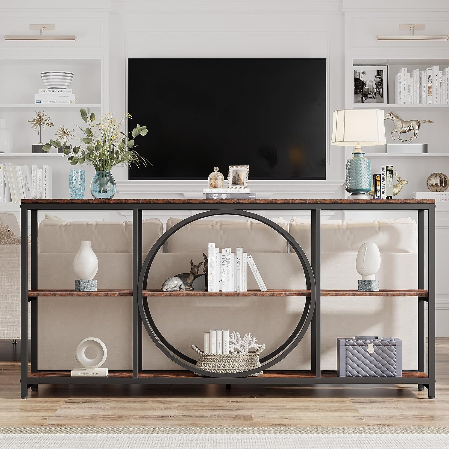 Tribesigns Extra Long Console Table, 70.9 inch Narrow Sofa Tables with 3 Tier Wood Storage Shelves Industrial Metal Frame for Entryway Hallway Living Room Behind Couch, Rustic Brown Black