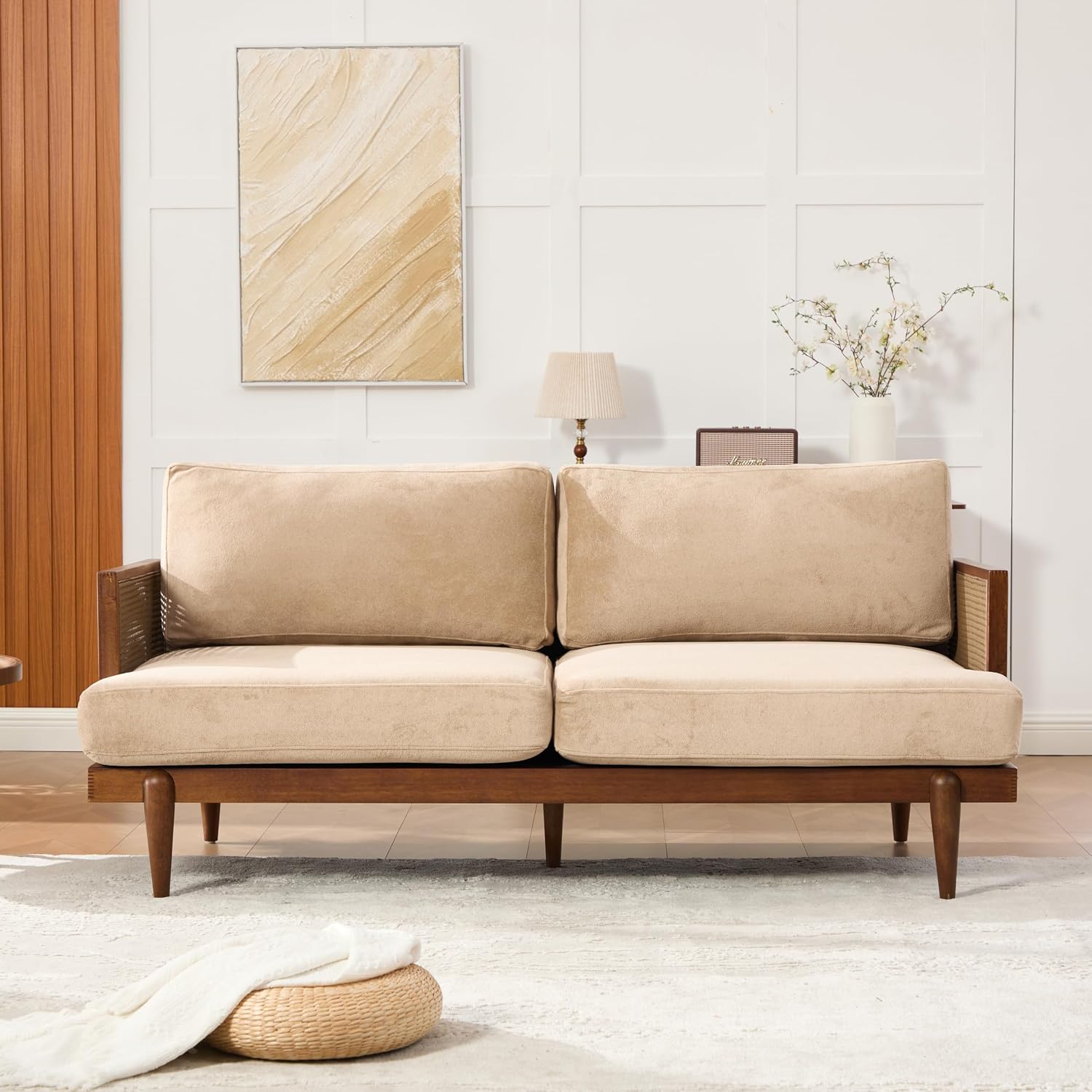Christopher Knight Home Emir 3 Seater Sofa with Cushion, Sofa Chair with Cane Rattan and Wooden Frame, Spacious Seating Couch for Living Room/Bedrooms, Modern Slat Panel Sofa Couch, Walnut + Camel