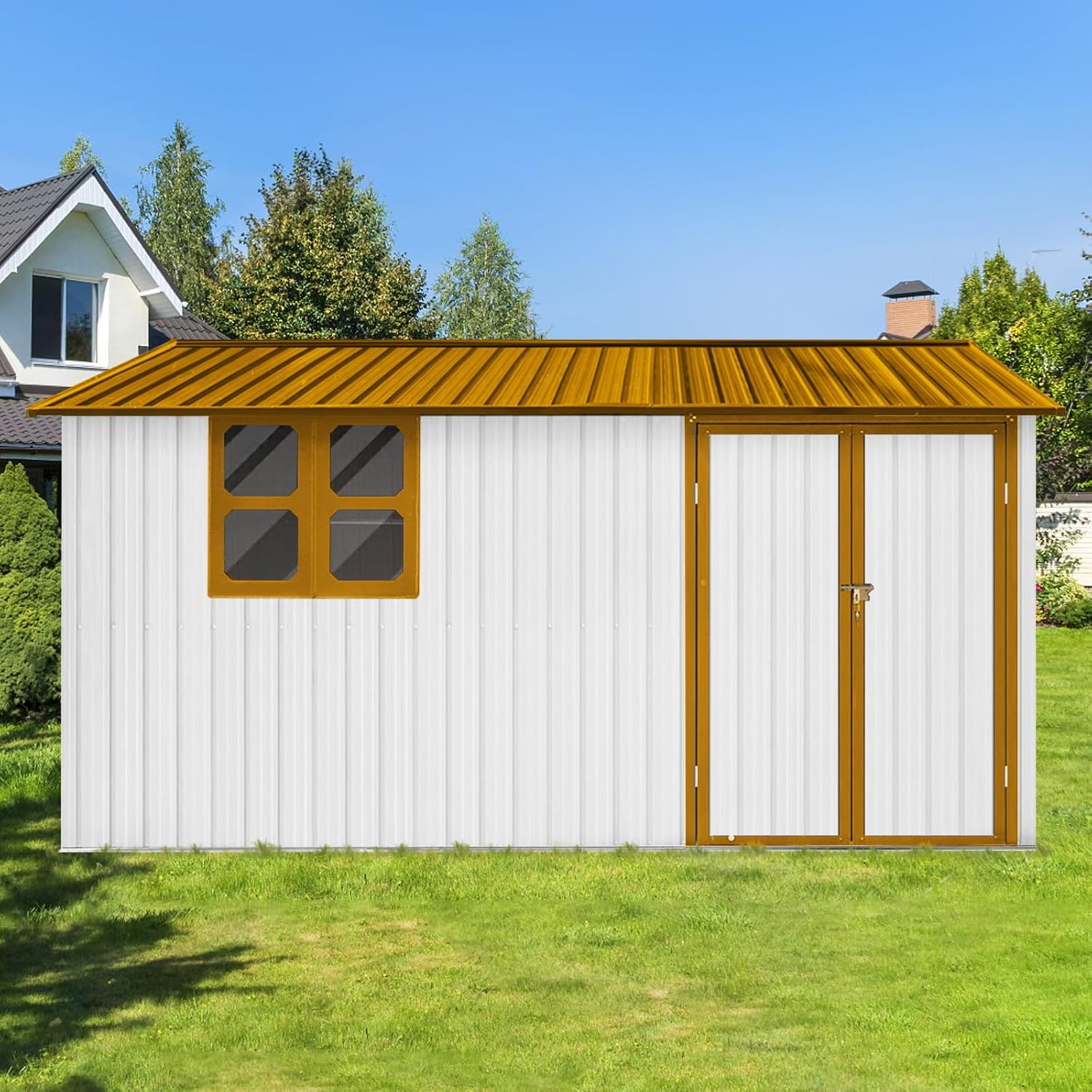 10x12 ft Outdoor Metal Storage Shed with Window, Aluminum Frame and Galvanized Steel Plate Tool Shed with Lockable Door, Air Vent, Waterproof Garden Storage House for Backyard (Yellow/White)