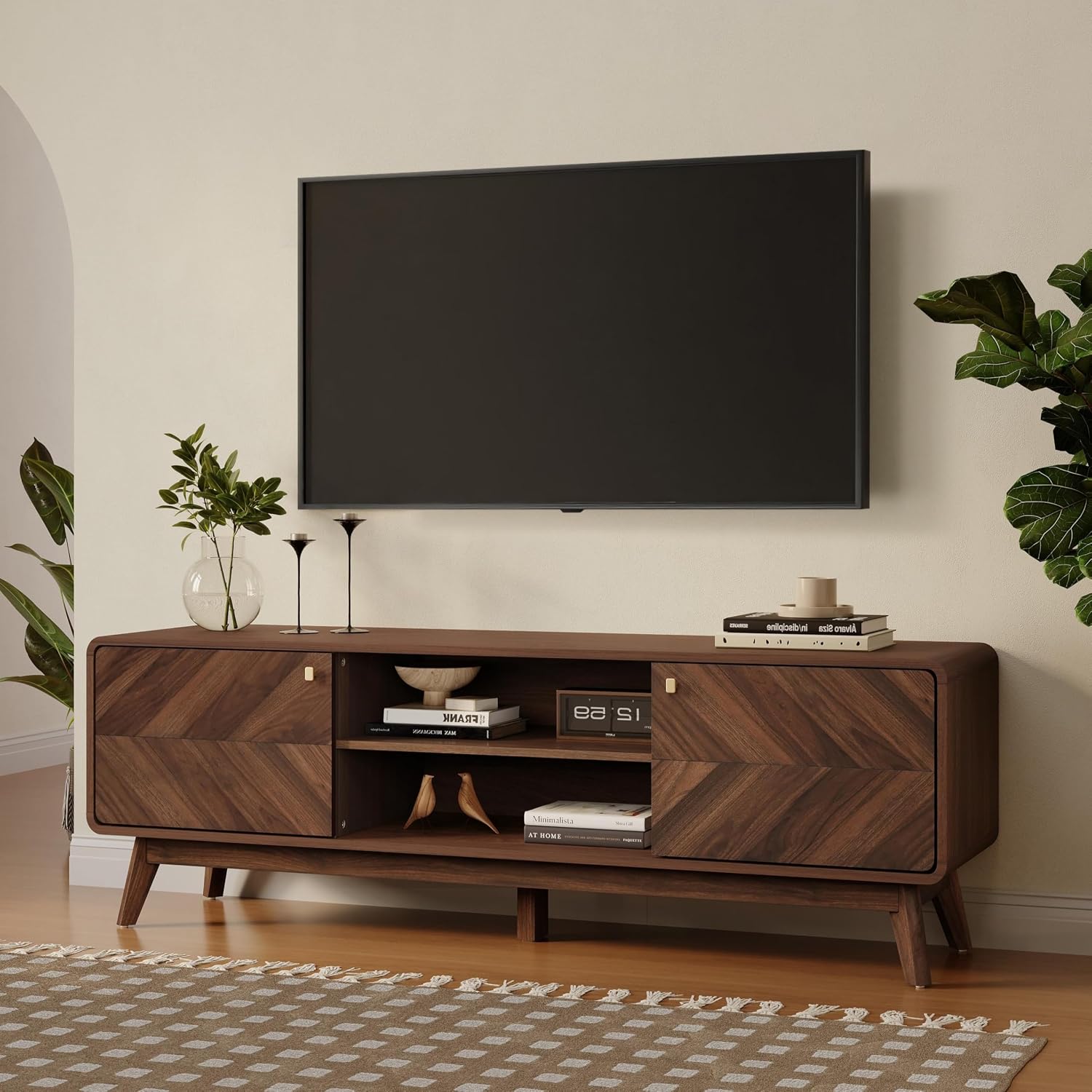 LuxenHome 63' Mid Century Modern TV Stand, TV Stands for Living Room for TVs up to 65', Entertainment Center with Storage, Wood TV Console with Tapered Legs, Television Stands