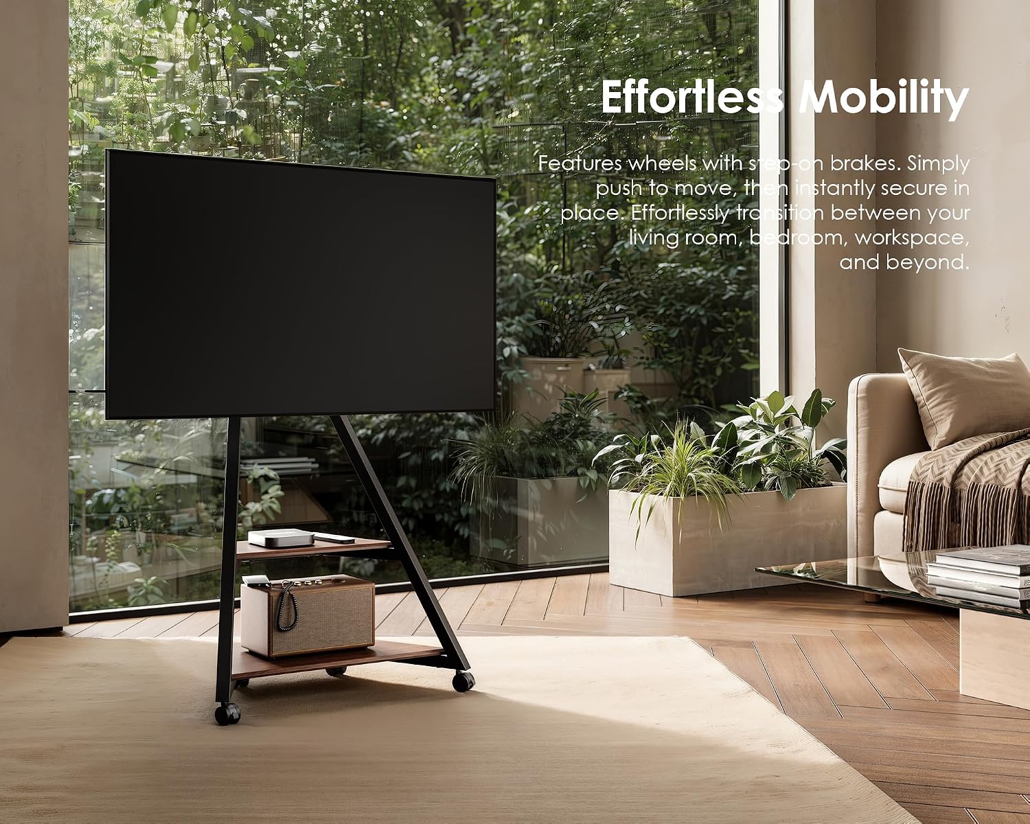 FITUEYES Design Corner TV Stand for 32 43 50 55 65 Inch TVs, Small Spaces Floor TV Stand Rolling TV Cart for LCD/LED Flat Curved Screens, Modern Living Room Television Stands, Eiffel Series, Walnut