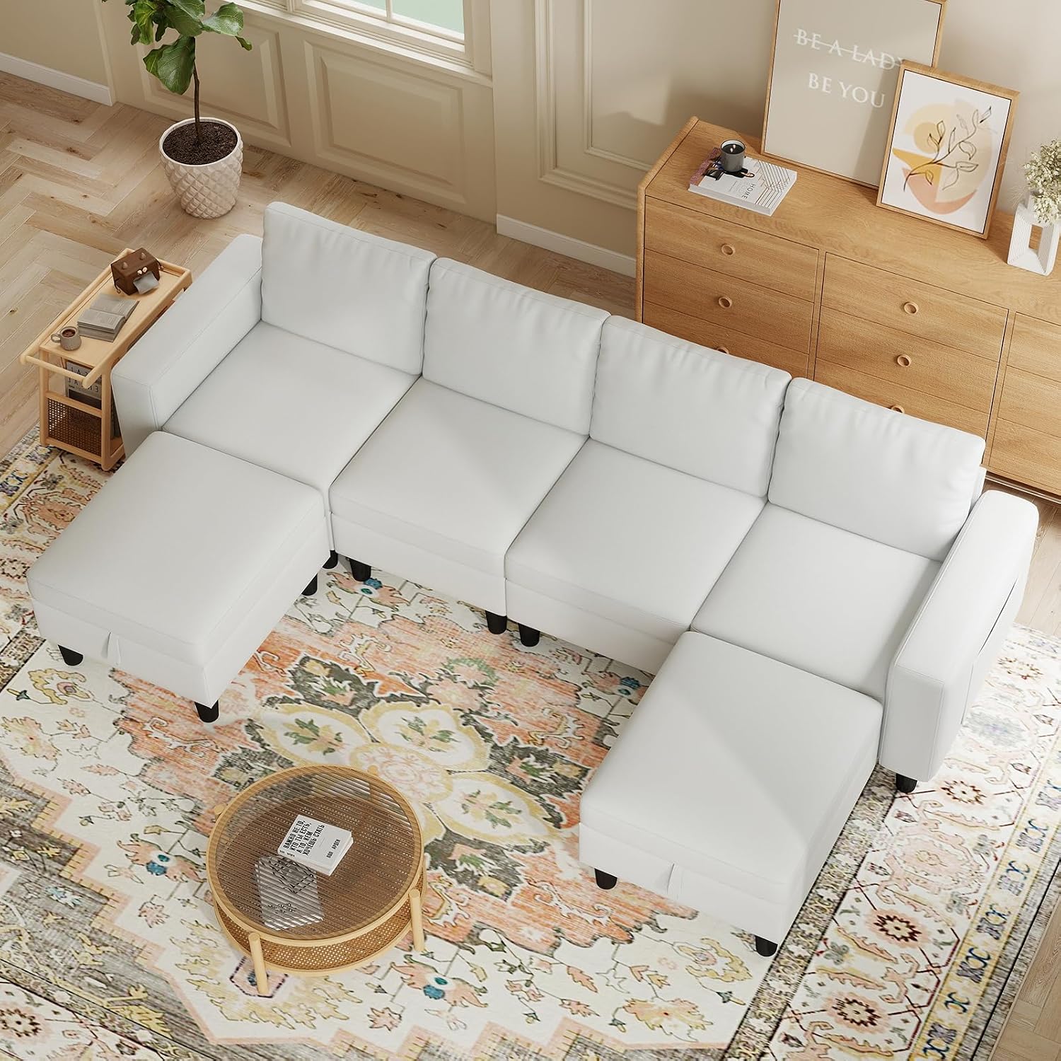 Modular Sectional Couches for Living Room, 110' U Shaped Sectional Sofa with Adjustable Backrest, 6 Seat Linen Cloud Couch Sectionals with Storage Ottoman for Apartment (White)