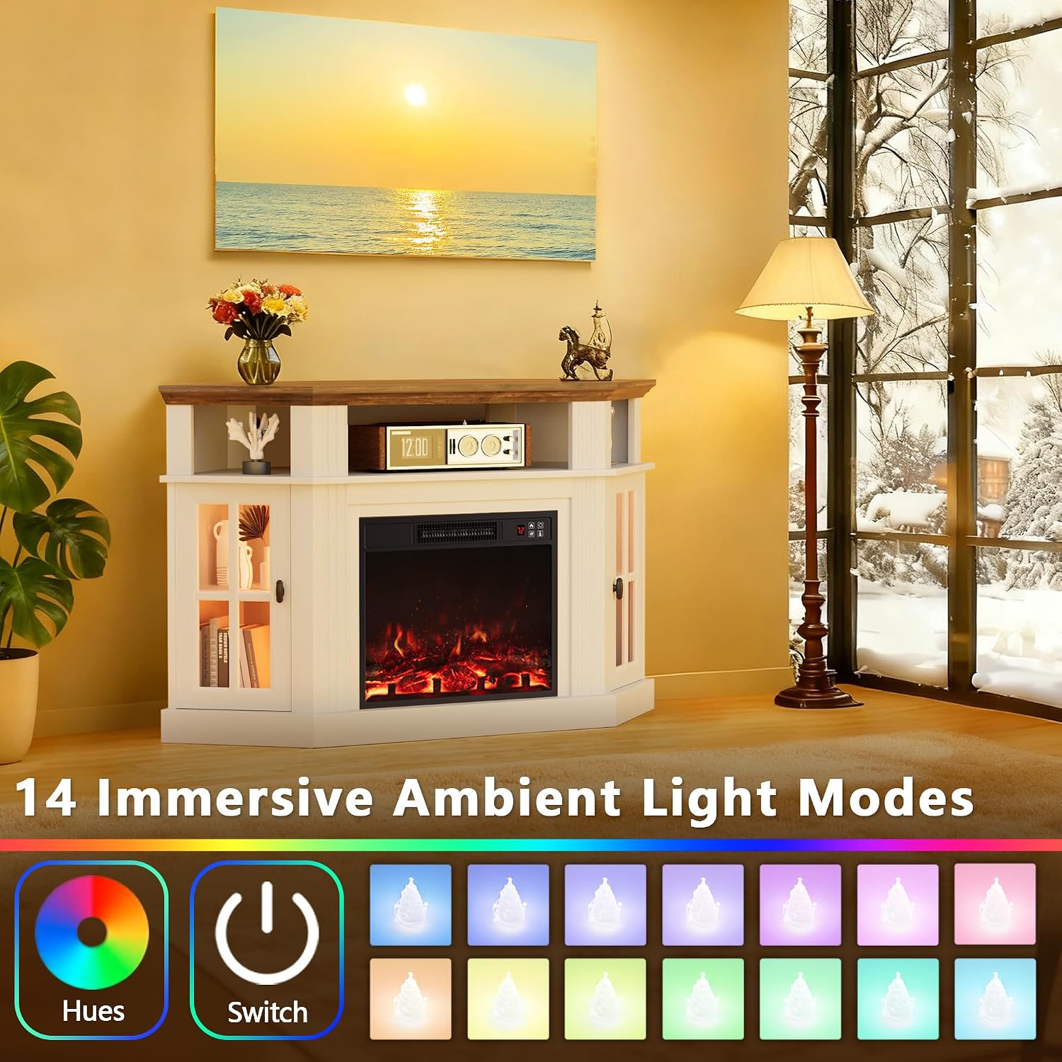 Furmax Fireplace Corner TV Stand for Up to 55 Inch, Modern Console with 18 Inch Electric Fireplace, Entertainment Center with Open Shelf and Storage Cabinets for Living Room (LED Antique White)