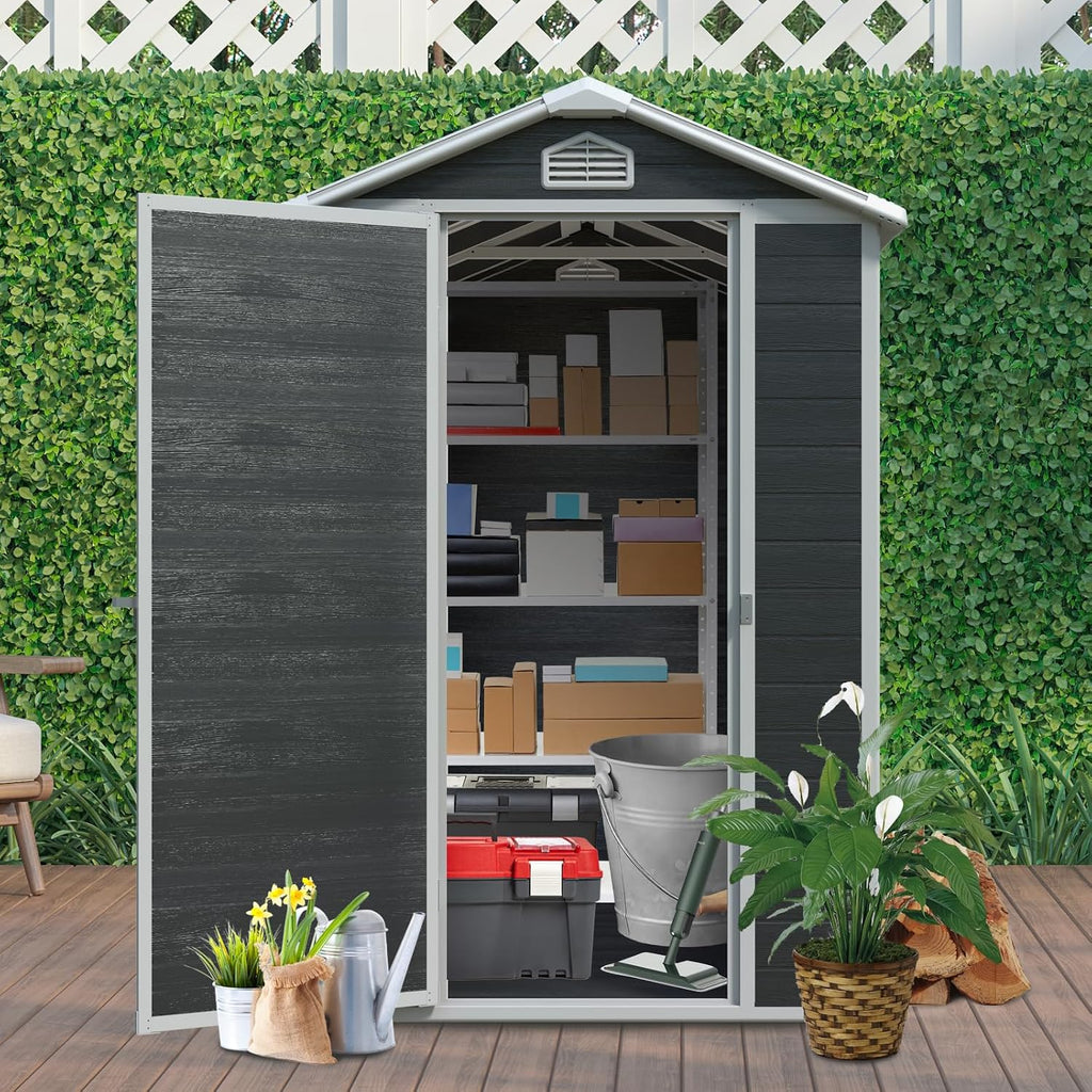 4x6 ft Outdoor Resin Storage Shed with Floor, Waterproof Plastic Garden Shed with Lockable Door and Windows, All-Weather Tool Sheds for Backyard, Patio, Lawn (Black)
