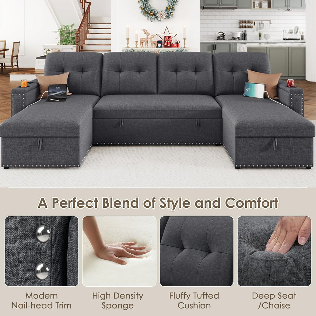 HIFIT 106' Sectional Couches for Living Room- Pull Out Sleeper Sofa Couch w/Storage Chaise,Storage Armrest,LED Light&USB Port&Cupholder, Modern Linen U Shaped Home Sofa Living Room Furniture Set, Grey