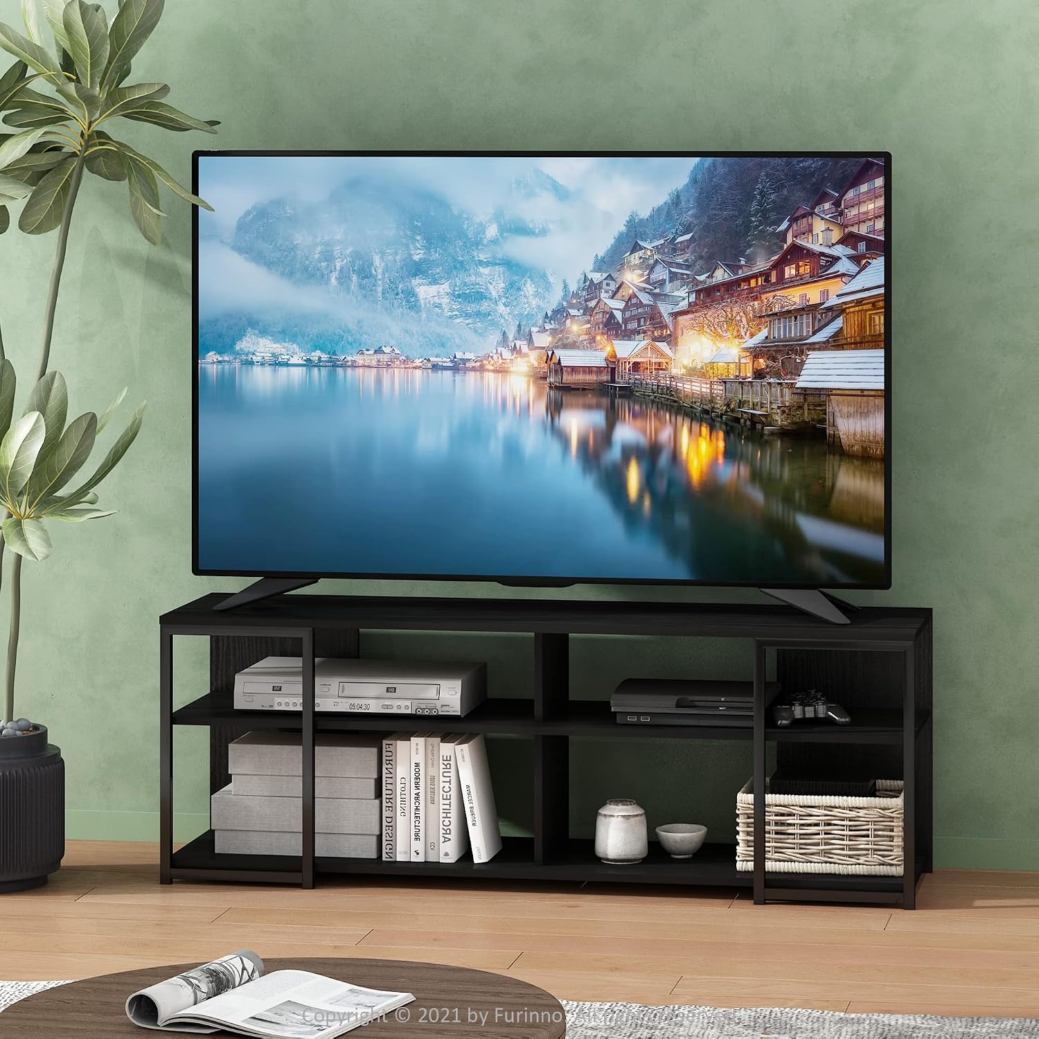 Furinno Camnus TV Stand, 3-Tier Modern Wide Entertainment Center with Metal Frame Support, TV Console with Open Back, for TVs up to 65 Inch, for Living Room, Bedroom, Americano