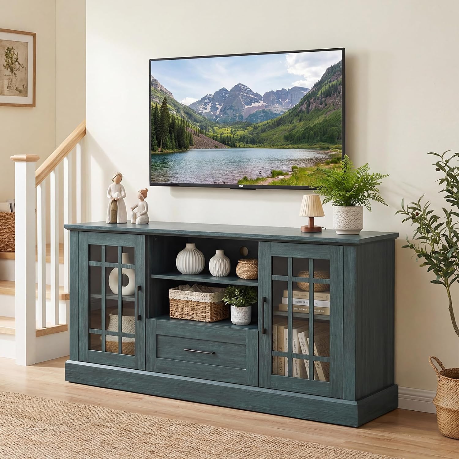 Tangkula Farmhouse TV Stand for TV up to 65 70 Inches, Tall Media Console Table with 2 Glass Storage Cabinets, 1 Drawer & 2 Open Shelves, Wooden Entertainment Center for Living Room (Vintage Green)