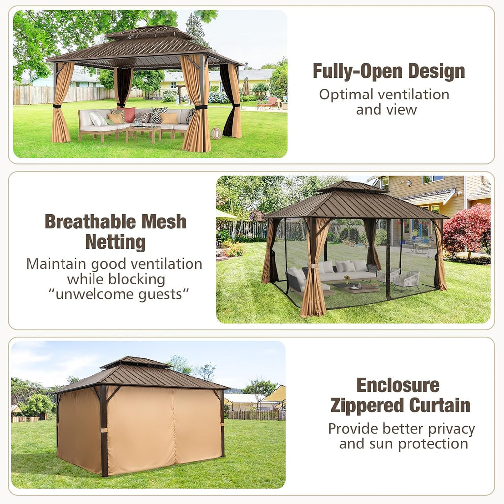 Tangkula 12x14 FT Hardtop Gazebo, Aluminum Frame Permanent Pavilion with Curtains, Netting, Heavy-Duty Double-Tier Galvanized Metal Roof, Outdoor Gazebo for Patios Garden Deck Lawn Backyard