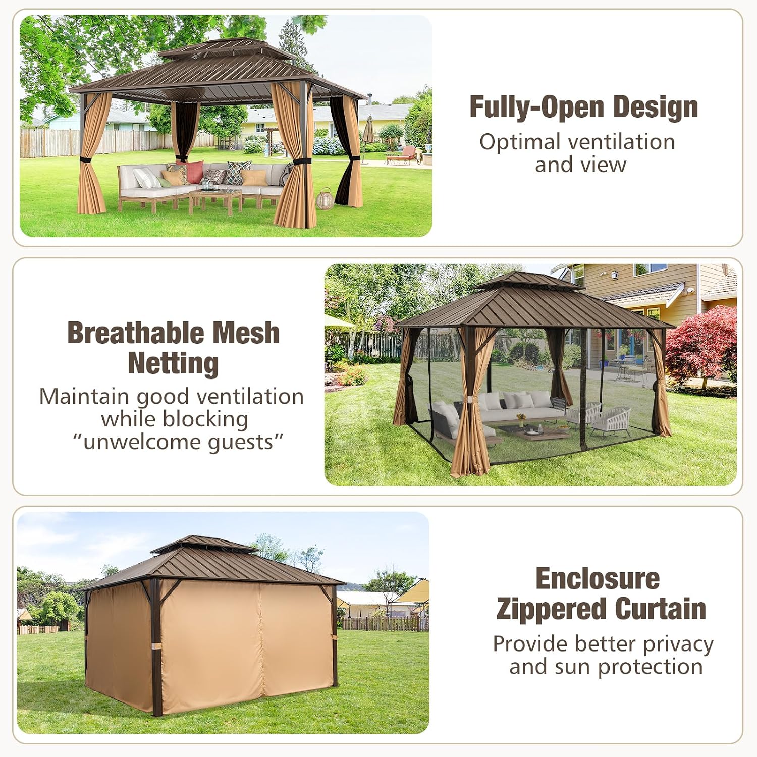 Tangkula 12x14 FT Hardtop Gazebo, Aluminum Frame Permanent Pavilion with Curtains, Netting, Heavy-Duty Double-Tier Galvanized Metal Roof, Outdoor Gazebo for Patios Garden Deck Lawn Backyard